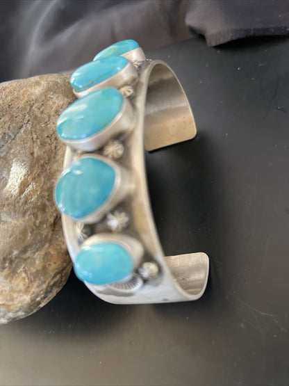 Navajo Sterling Silver Blue Kingman Turquoise Cuff Bracelet 5 Stone HJoe 02051
