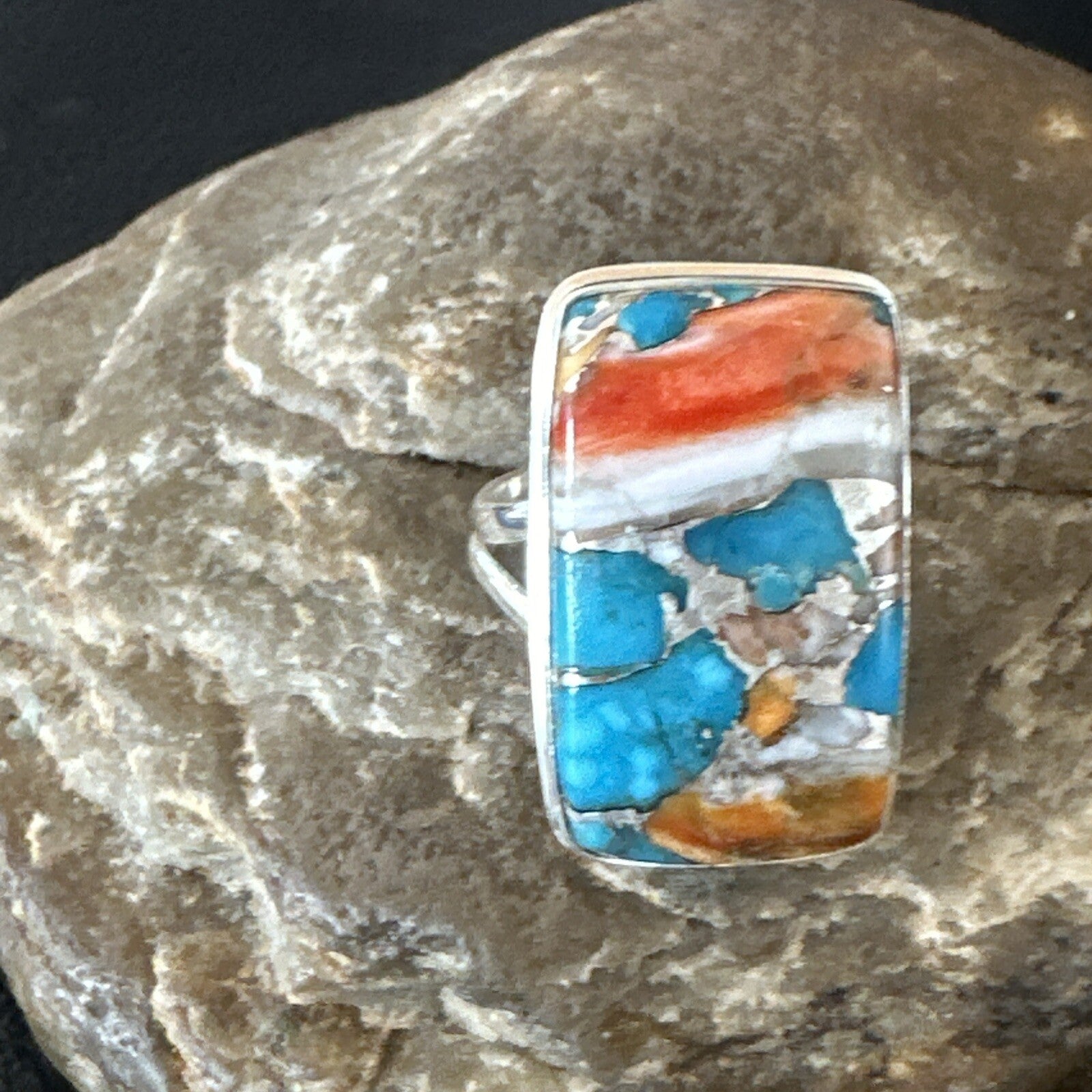 Blue Turquoise Orange Spiny Oyster Navajo Sterling Silver Ring Size 10 18246