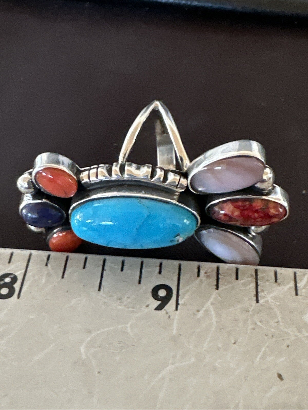 Cluster Blue Turquoise Spiny Oyster Onyx Sterling Silver Ring Size 8 18564