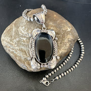 Men's Women's Black Onyx Pendant Navajo Beads Necklace | Sterling Silver | Authentic Native American Handmade | 18298