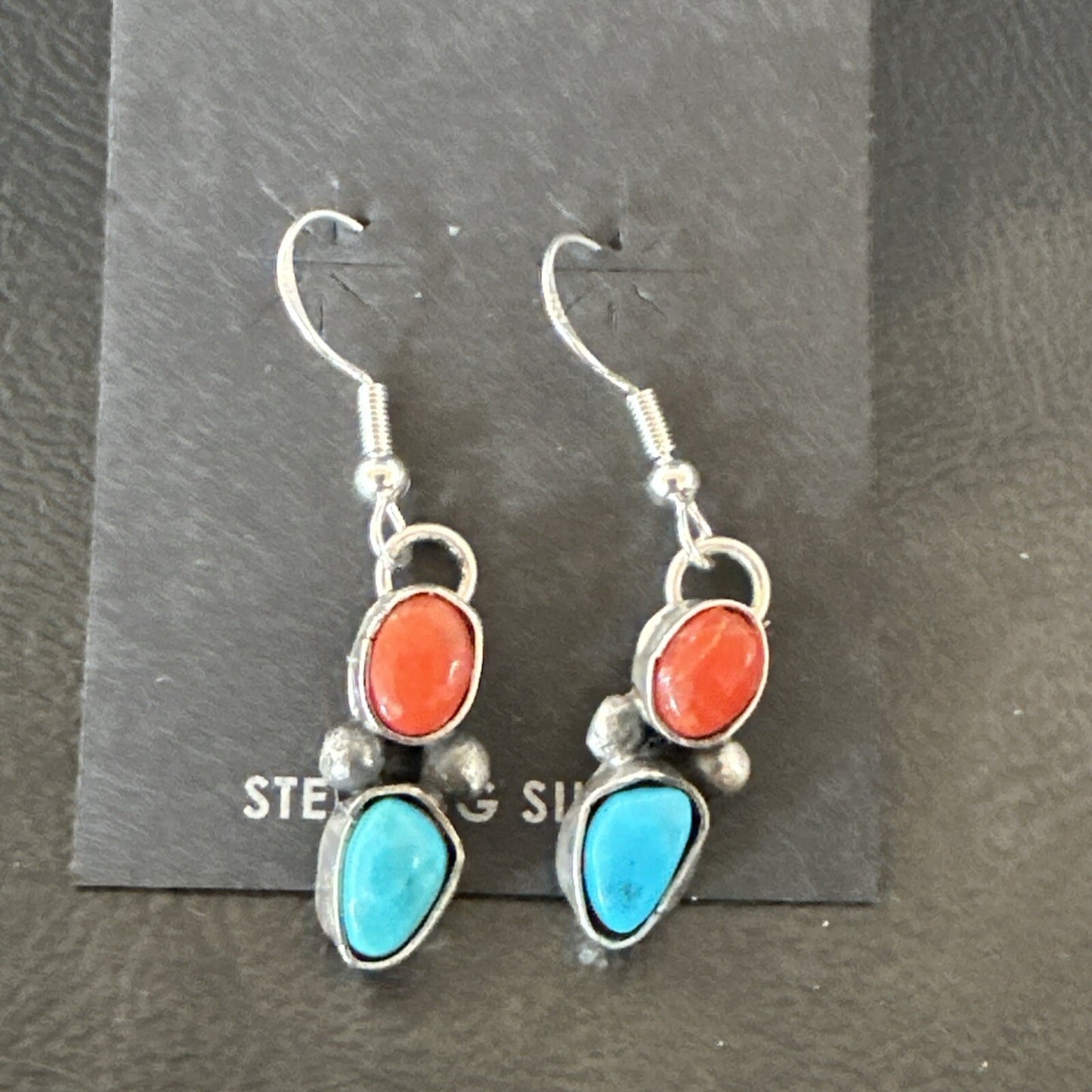 Handmade Blue Turquoise Red Coral Sterling Silver Navajo Dangle Earrings 18842