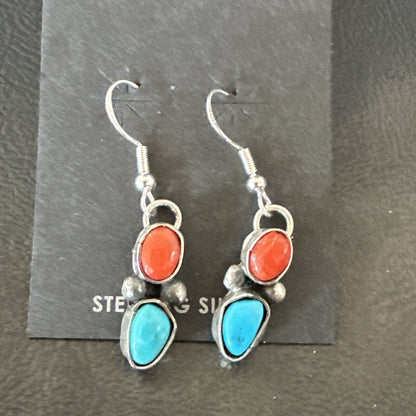 Handmade Blue Turquoise Red Coral Sterling Silver Navajo Dangle Earrings 18842
