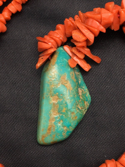 Native American Turquoise Pendant Coral Brass Old Pawn Necklace 19" 04006
