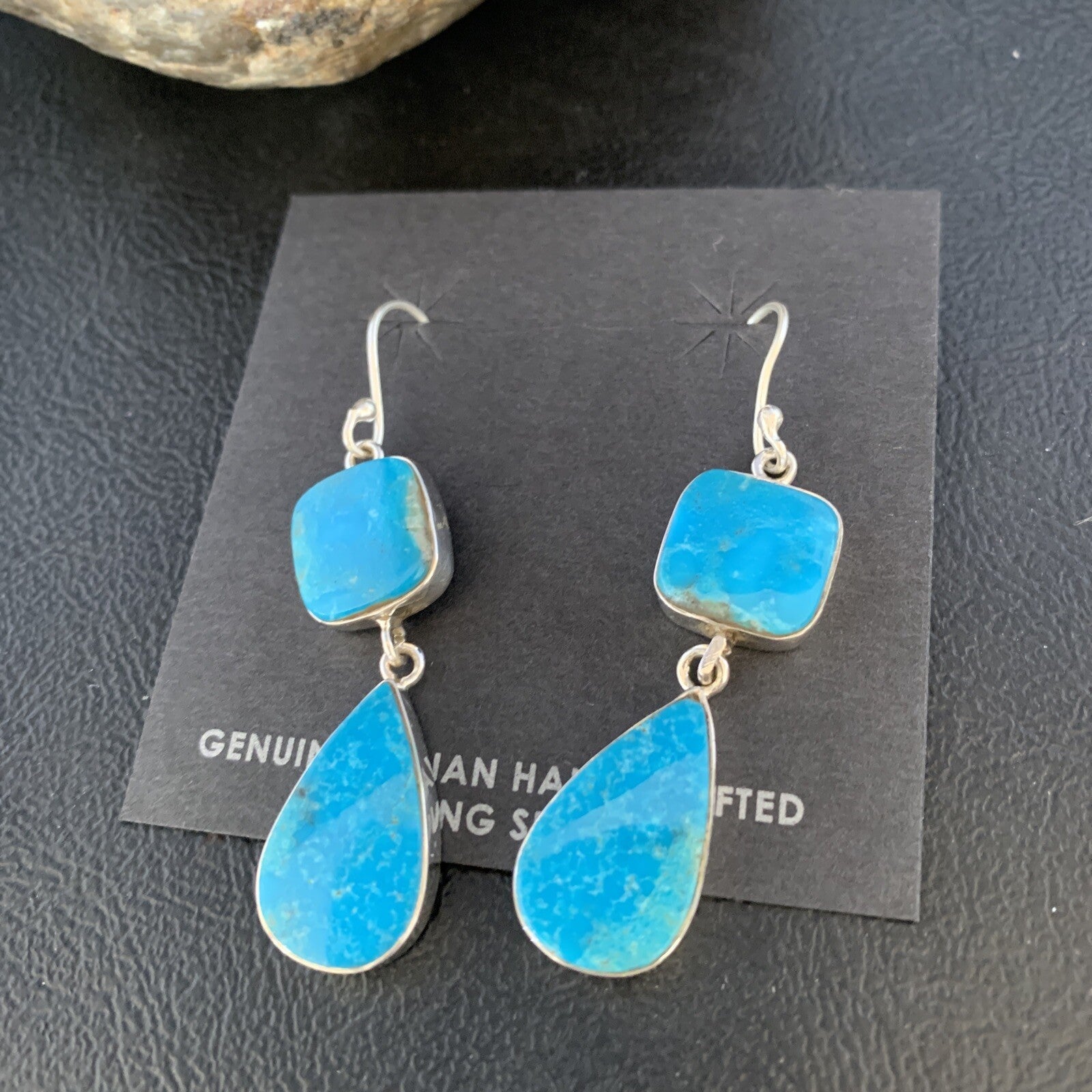 Kingman Turquoise Handmade Navajo Sterling Silver Dangle Earrings 1.5" 14012