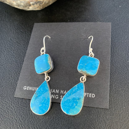 Kingman Turquoise Handmade Navajo Sterling Silver Dangle Earrings 1.5" 14012