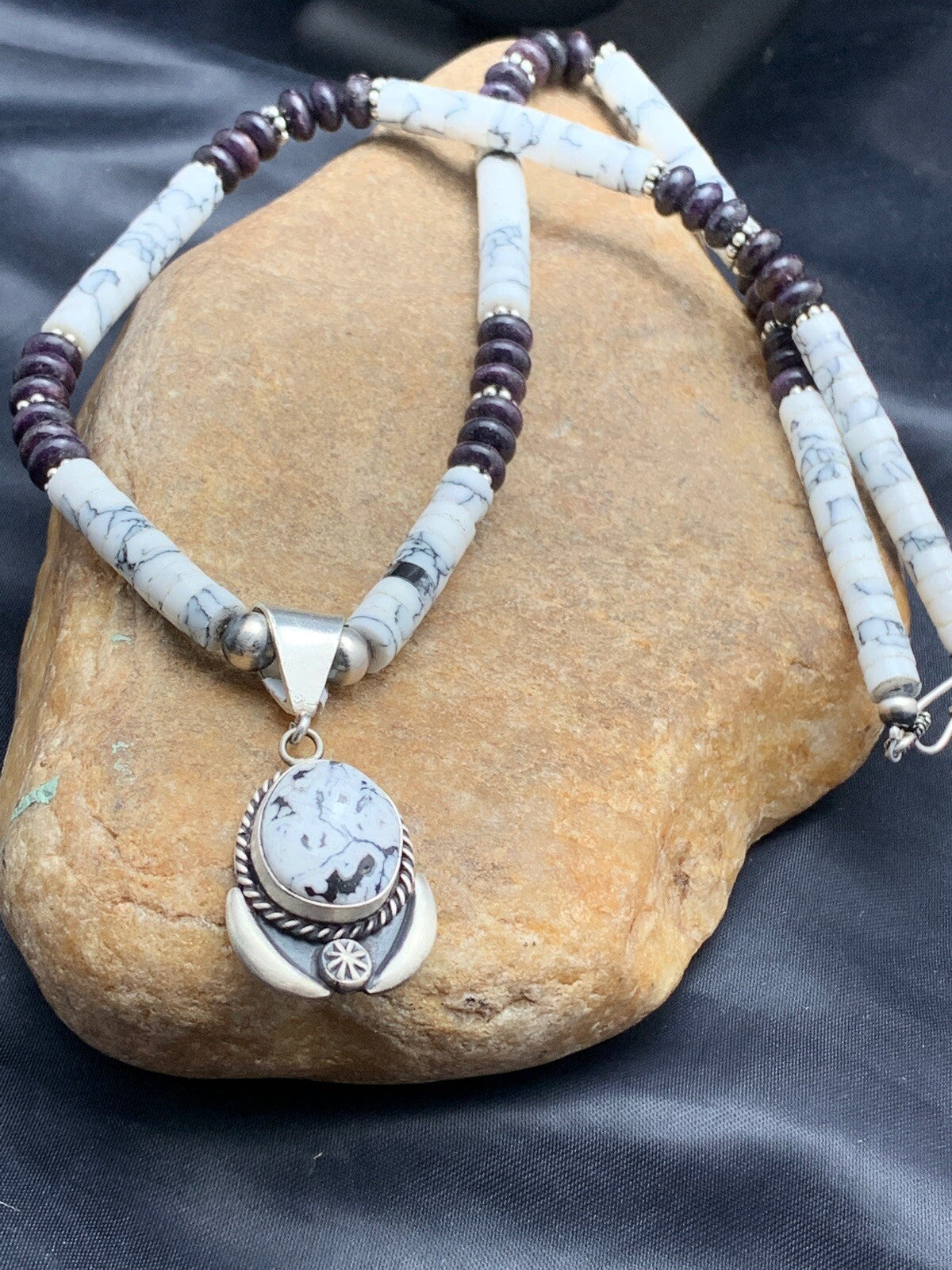 Native  Purple Stone & Howlite Bead Navajo Sterling Silver Necklace 04606
