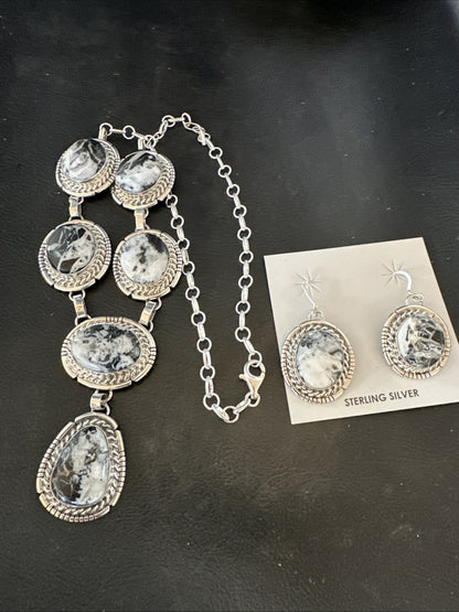 Women White Buffalo Turquoise Necklace Earrings Sterling Silver 19” 18605