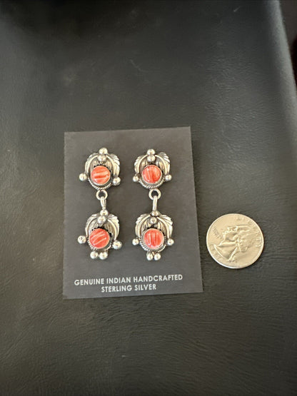 Red Spiny Oyster Pearl Navajo Sterling Silver Dangle Earrings 2062