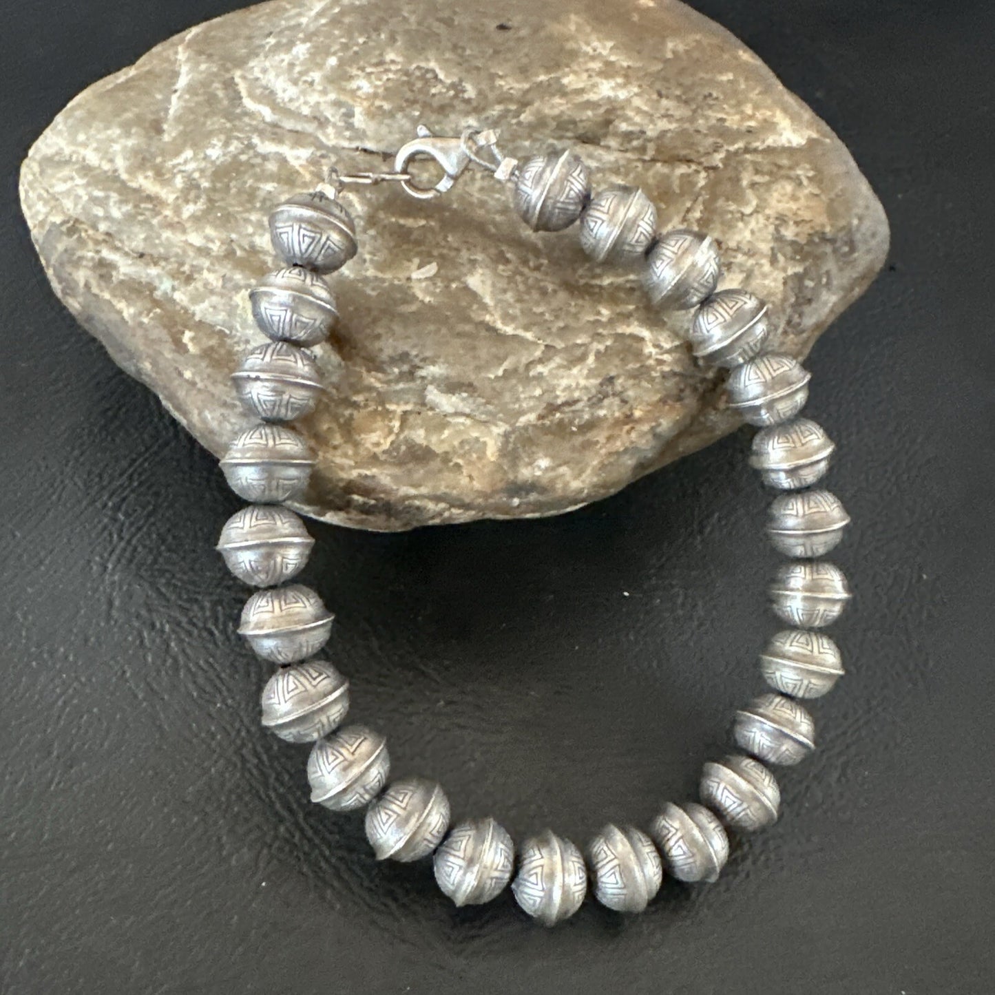 Handmade Stamped Navajo Pearls 8mm Beads 7” Sterling Silver Bracelet 90907