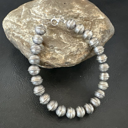 Handmade Stamped Navajo Pearls 8mm Beads 7” Sterling Silver Bracelet 90907