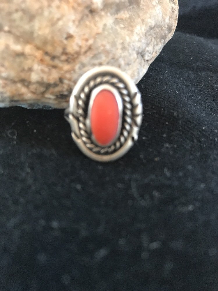 Red Coral Navajo Sterling Silver Old Pawn Ring Size 6 03485