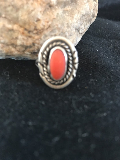 Red Coral Navajo Sterling Silver Old Pawn Ring Size 6 03485