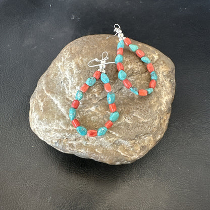Blue Turquoise Coral Navajo Sterling Silver Earrings 2” 18834