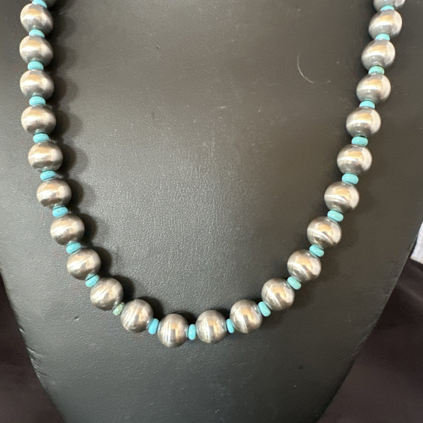 Blue Turquoise 10mm Round Sterling Silver Beads Necklace 20” 92407