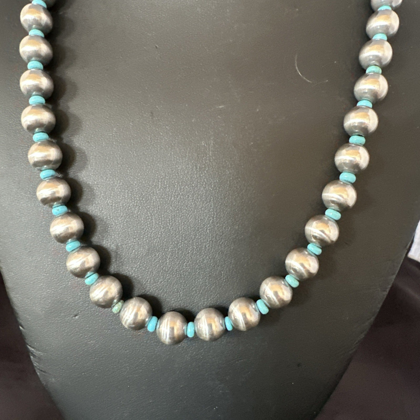 Blue Turquoise 10mm Round Sterling Silver Beads Necklace 20” 92407