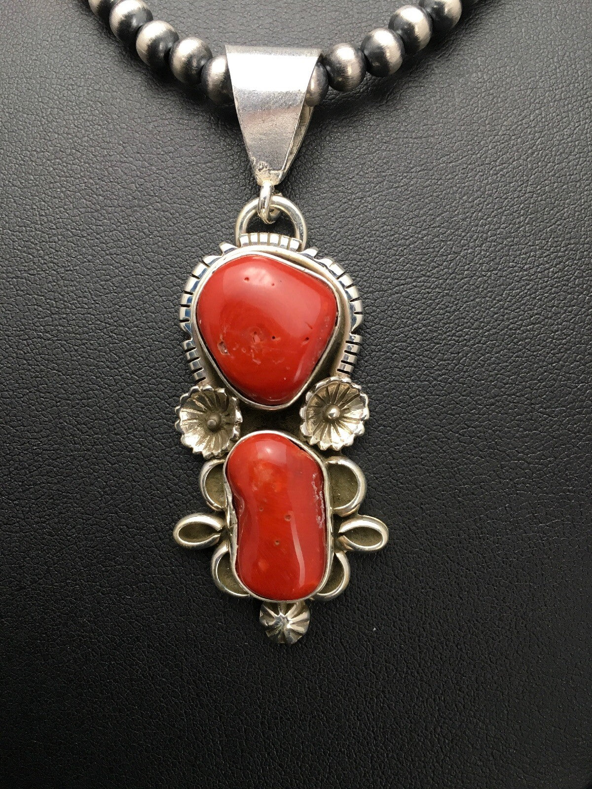 Red Coral Cluster Pendant Navajo Sterling Silver Necklace Native American 18930