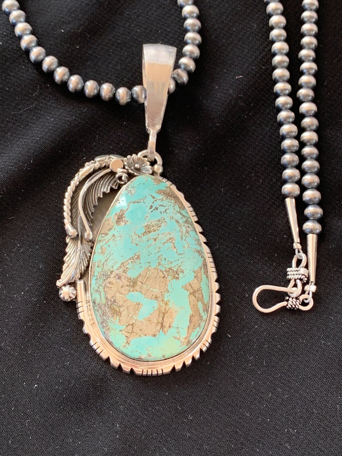 Mens Blue Turquoise Pendant Sterling Silver Necklace 02565