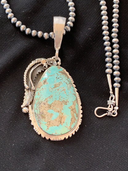 Mens Blue Turquoise Pendant Sterling Silver Necklace 02565