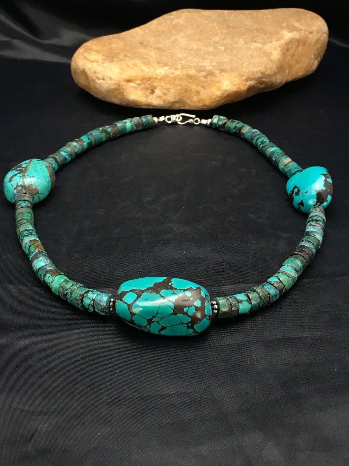 Spider Web Turquoise Heishi Navajo Sterling Silver Beads Necklace 21" 02960