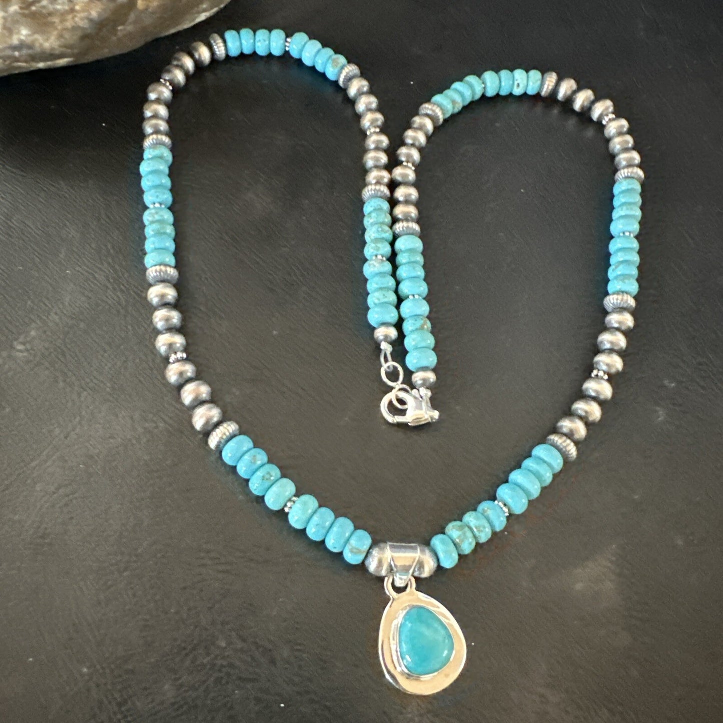 Mens Blue Kingman Turquoise Pendant Navajo Sterling Silver Necklace 21" 17904