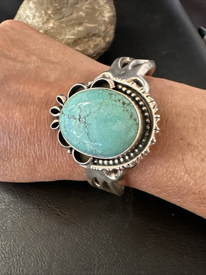 Yazzie Mens Blue Turquoise Navajo Sterling Silver Tufa Cast Cuff Bracelet 19694