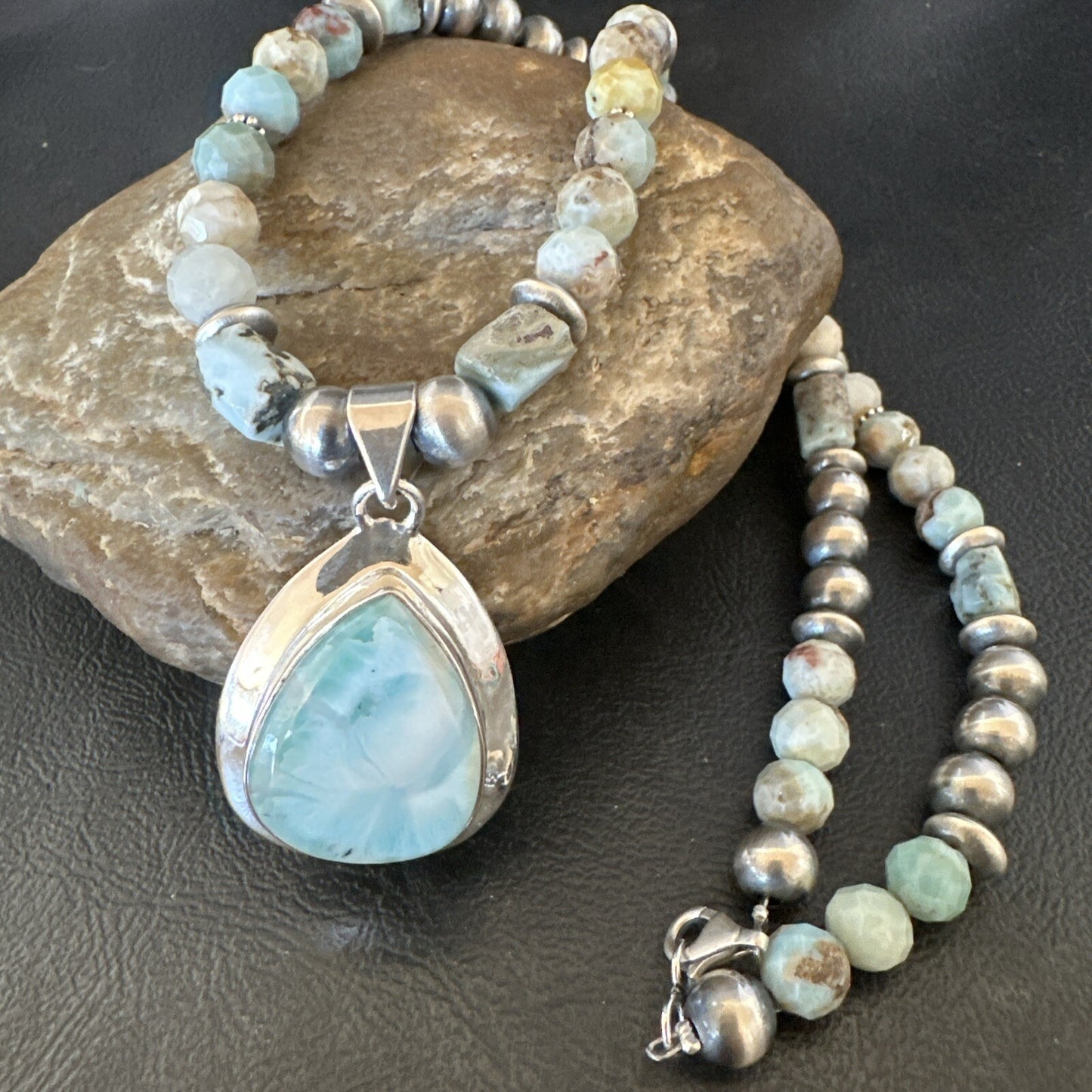 Blue Larimar Pendant Navajo Sterling Silver Natural Necklace 21" 17759