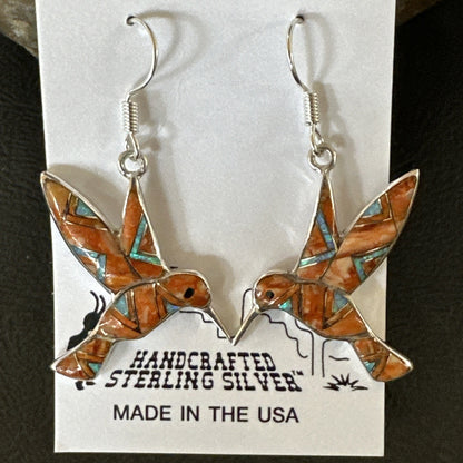 Orange Spiny Oyster Opal Sterling Silver Hummingbird Dangle Earrings 19133