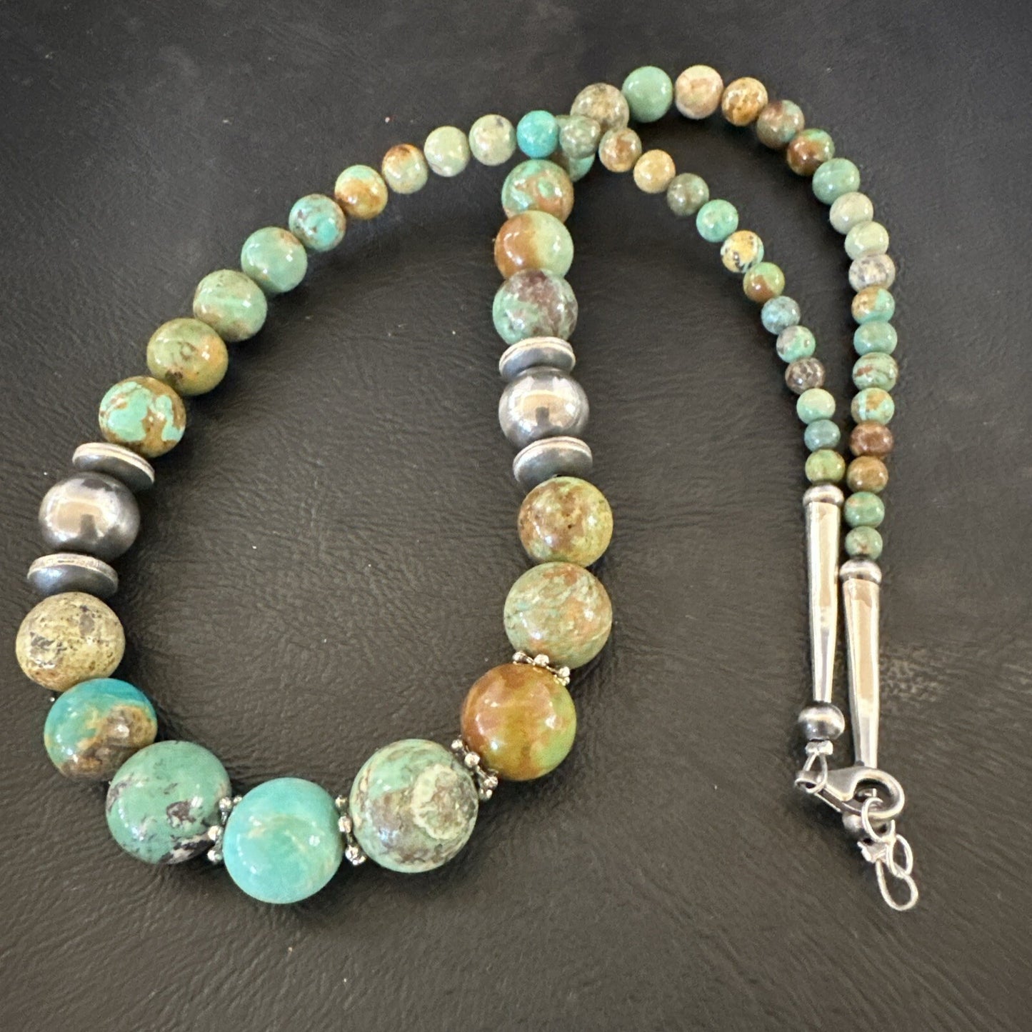 Green Turquoise Graduated Navajo Sterling Silver Necklace 21” 17782
