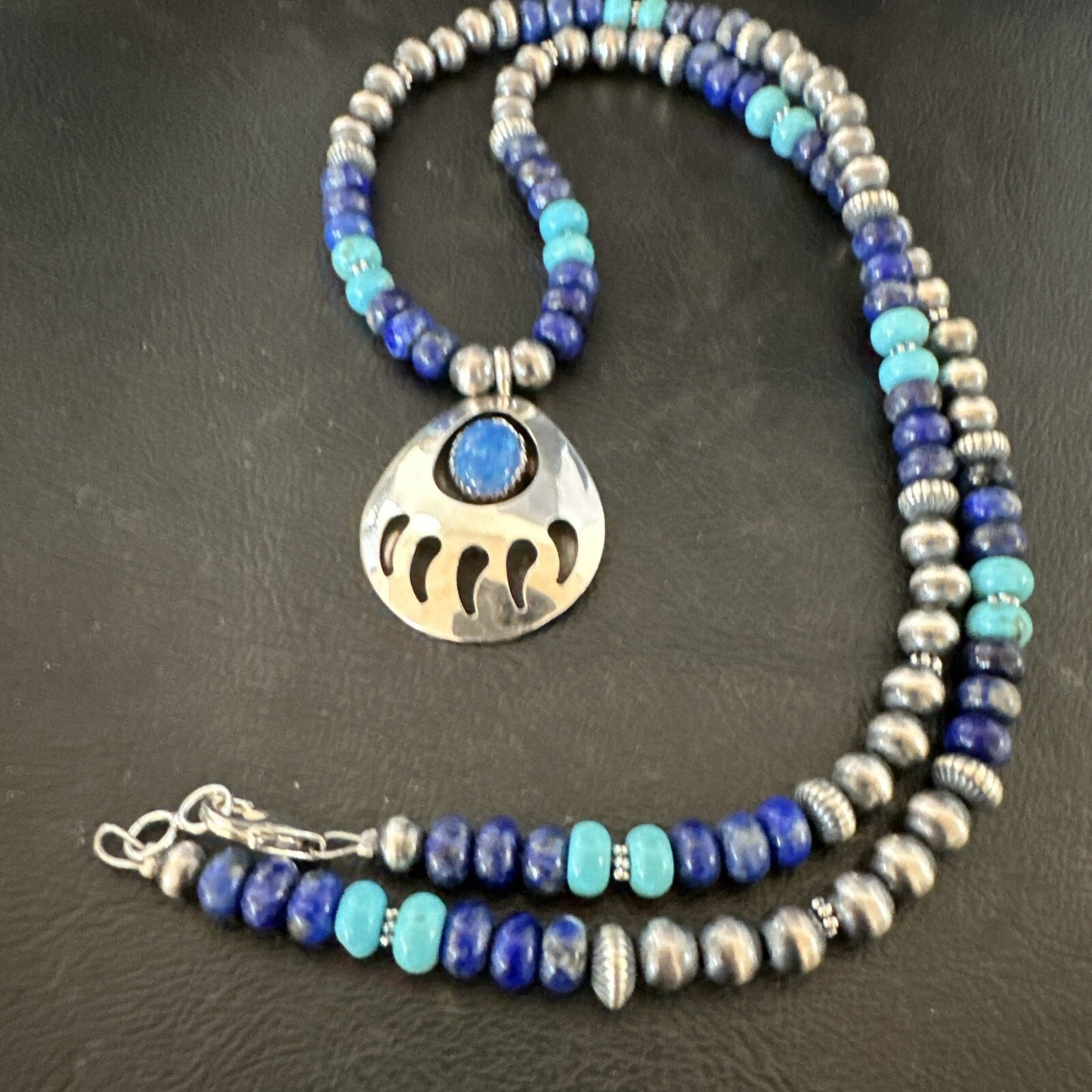 Mens Blue Turquoise Lapis BearPaw Pendant Navajo Sterling Silver Necklace 17882