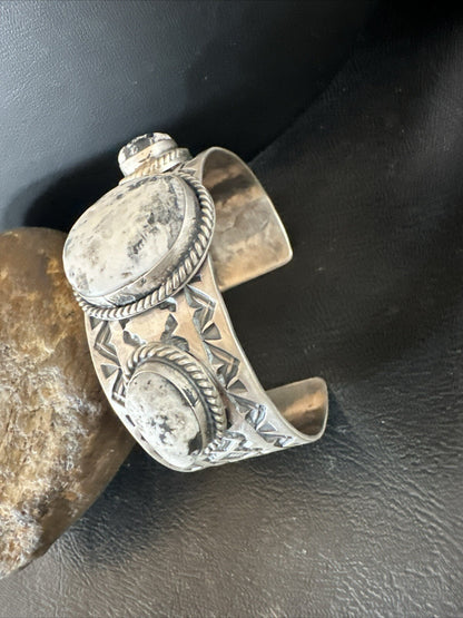 Mens WoMens White Buffalo Turquoise Navajo Sterling Silver Cuff Bracelet 17863