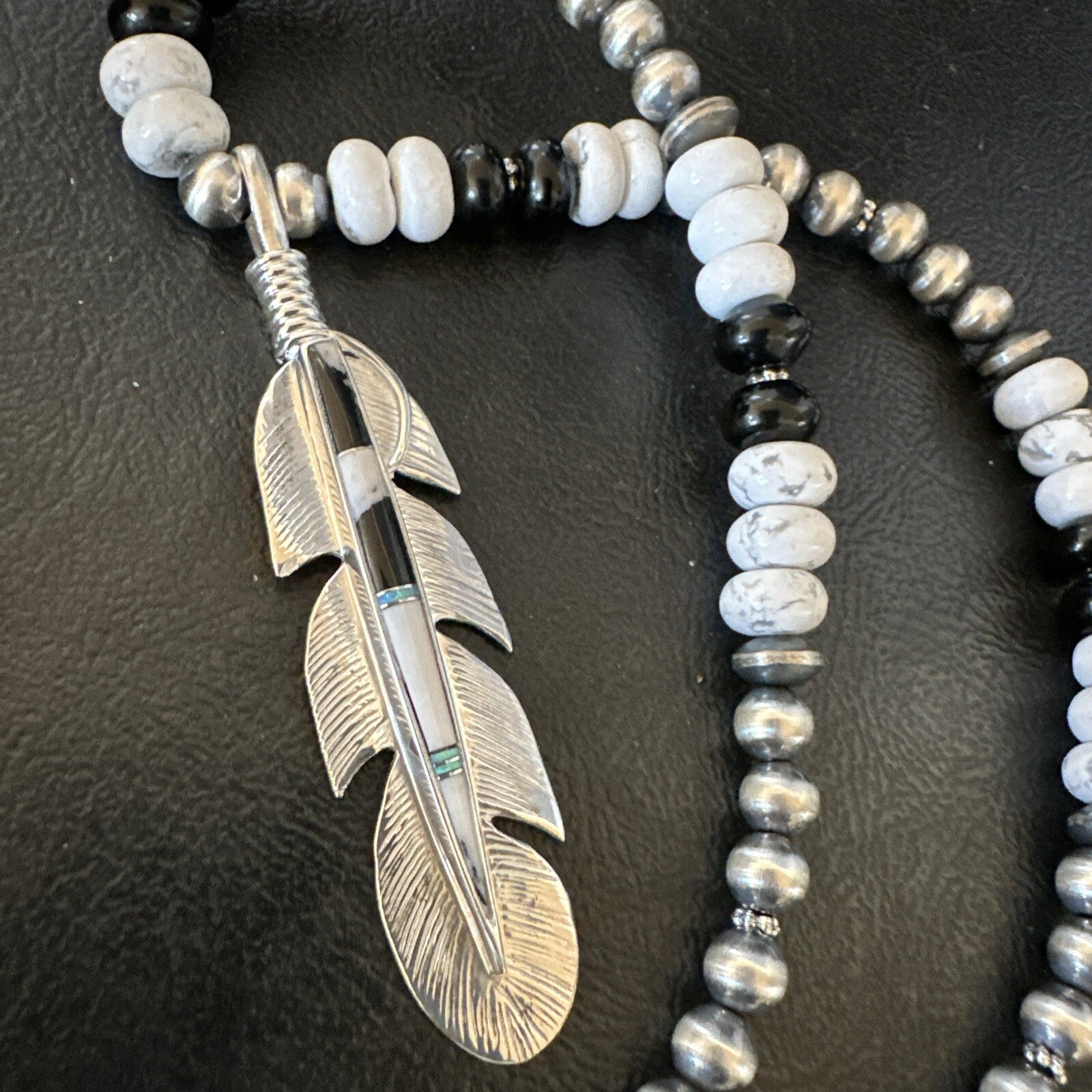 Feather White Buffalo Turquoise Opal Pendant Sterling Silver Necklace 21” 18670