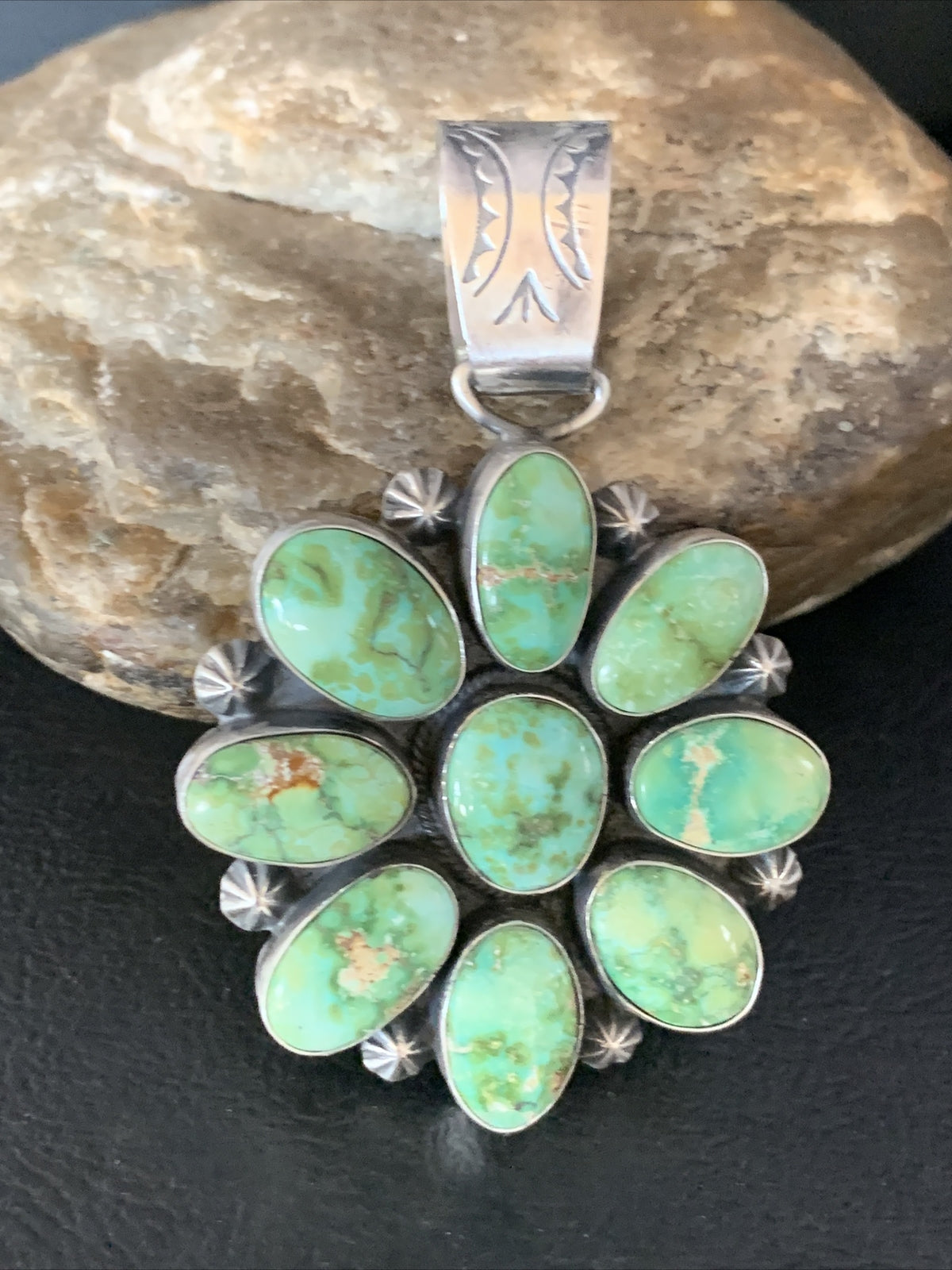 Green Sonoran Gold Turquoise Navajo Sterling Silver Cluster Pendant 14070