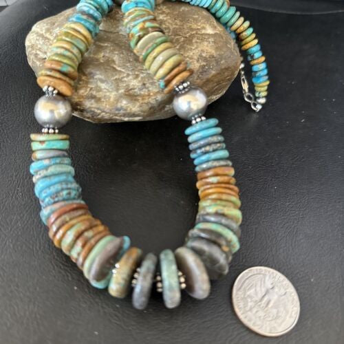 Navajo Blue Green Turquoise Bead Necklace Sterling Silver 20" 14239