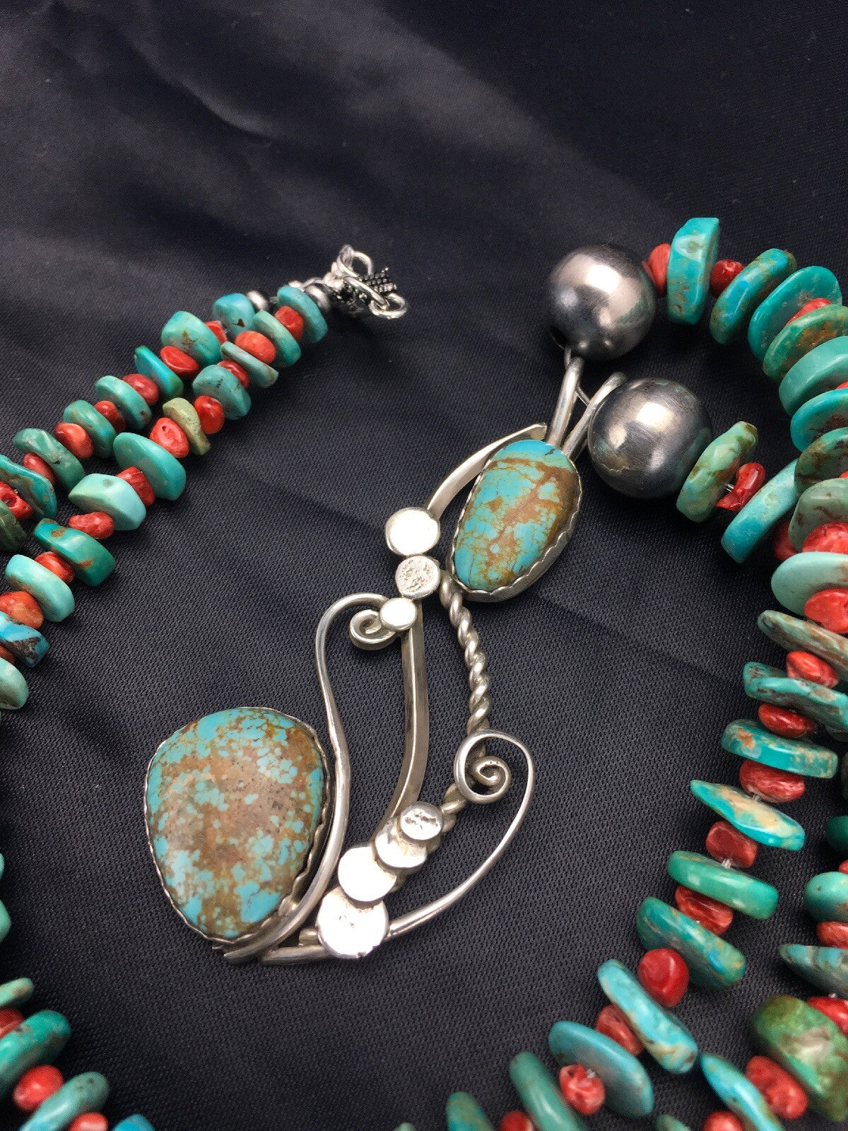 Turquoise #8 & Spiny Oyster Pendant Navajo Sterling Silver Necklace 22" 02635