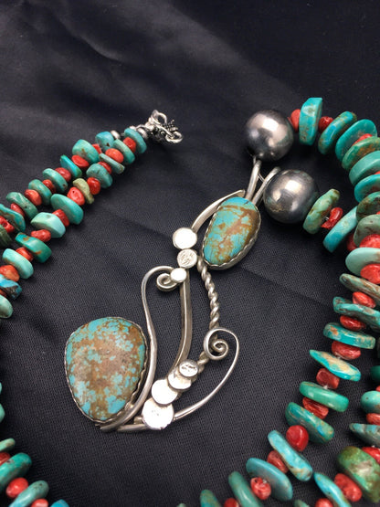 Turquoise #8 & Spiny Oyster Pendant Navajo Sterling Silver Necklace 22" 02635
