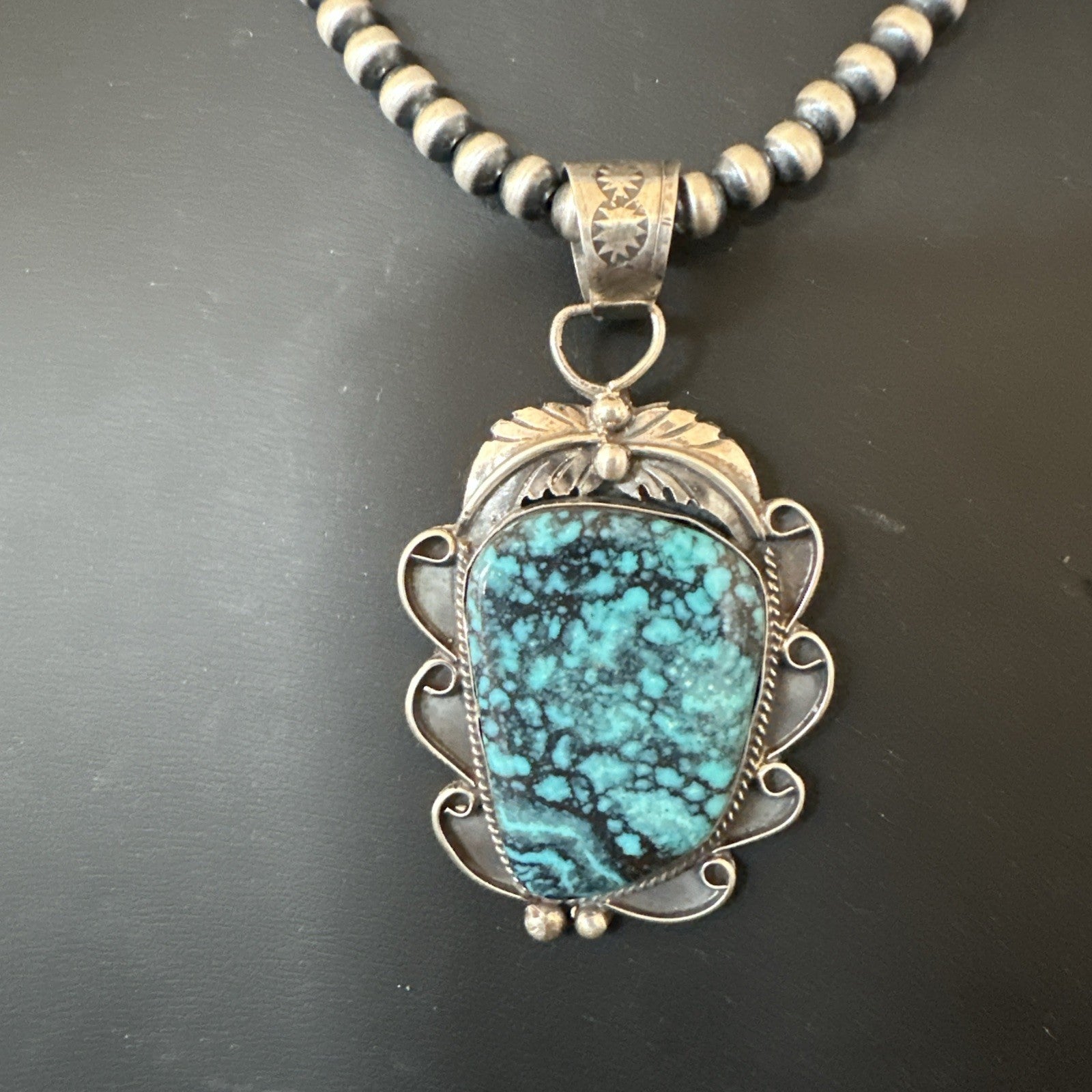 WoMens Blue Spiderweb Turquoise Pendant Navajo Sterling Silver Necklace 19298