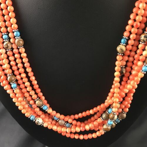 Navajo Orange Bamboo Coral Necklace 7 Strand Sterling Silver 19" 10173
