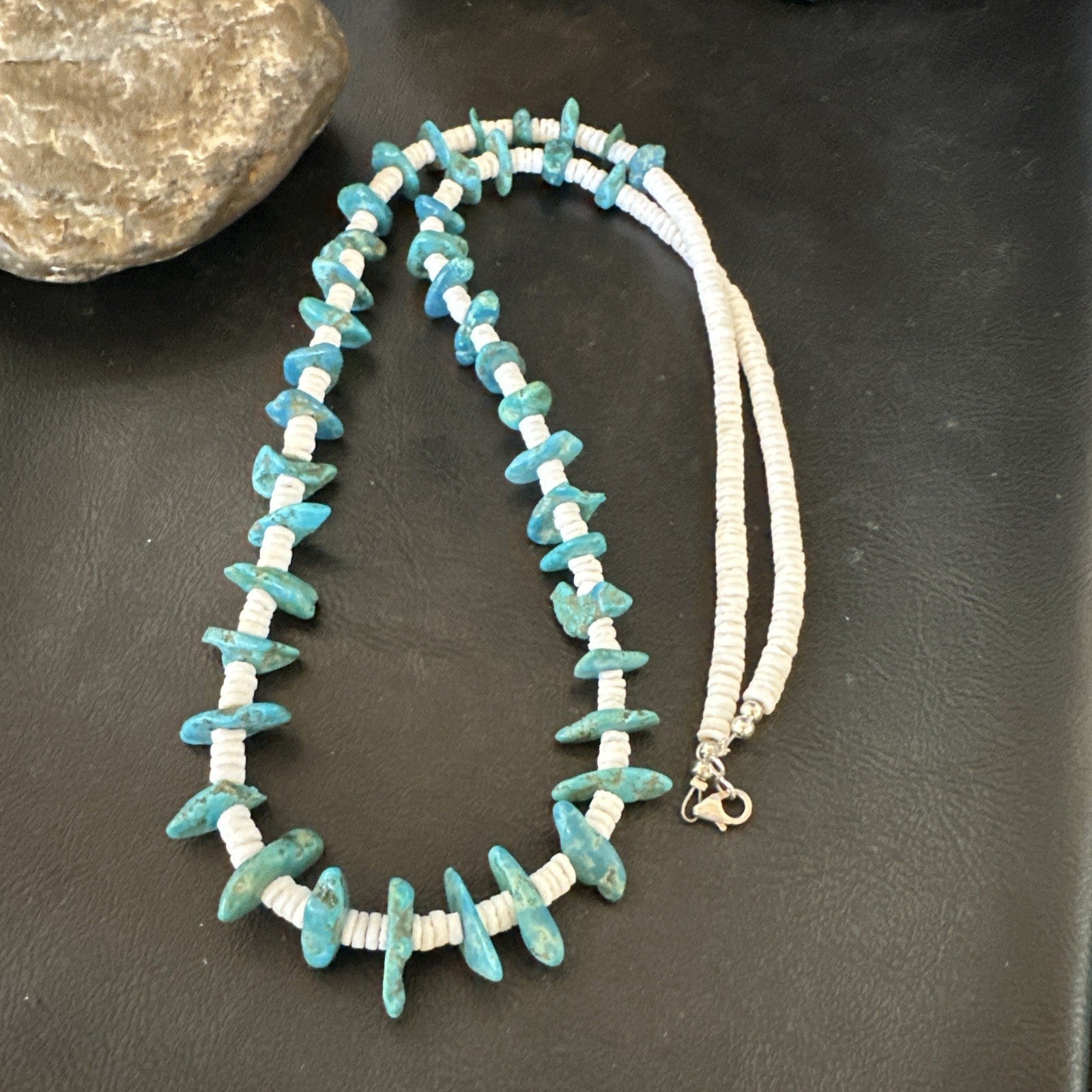 Blue Turquoise White Shell Navajo Sterling Silver Necklace 31" 19719