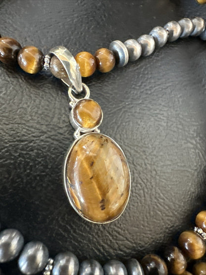 Coffee Brown Tigers Eye Sterling Silver Pendant Necklace Southwestern 18279