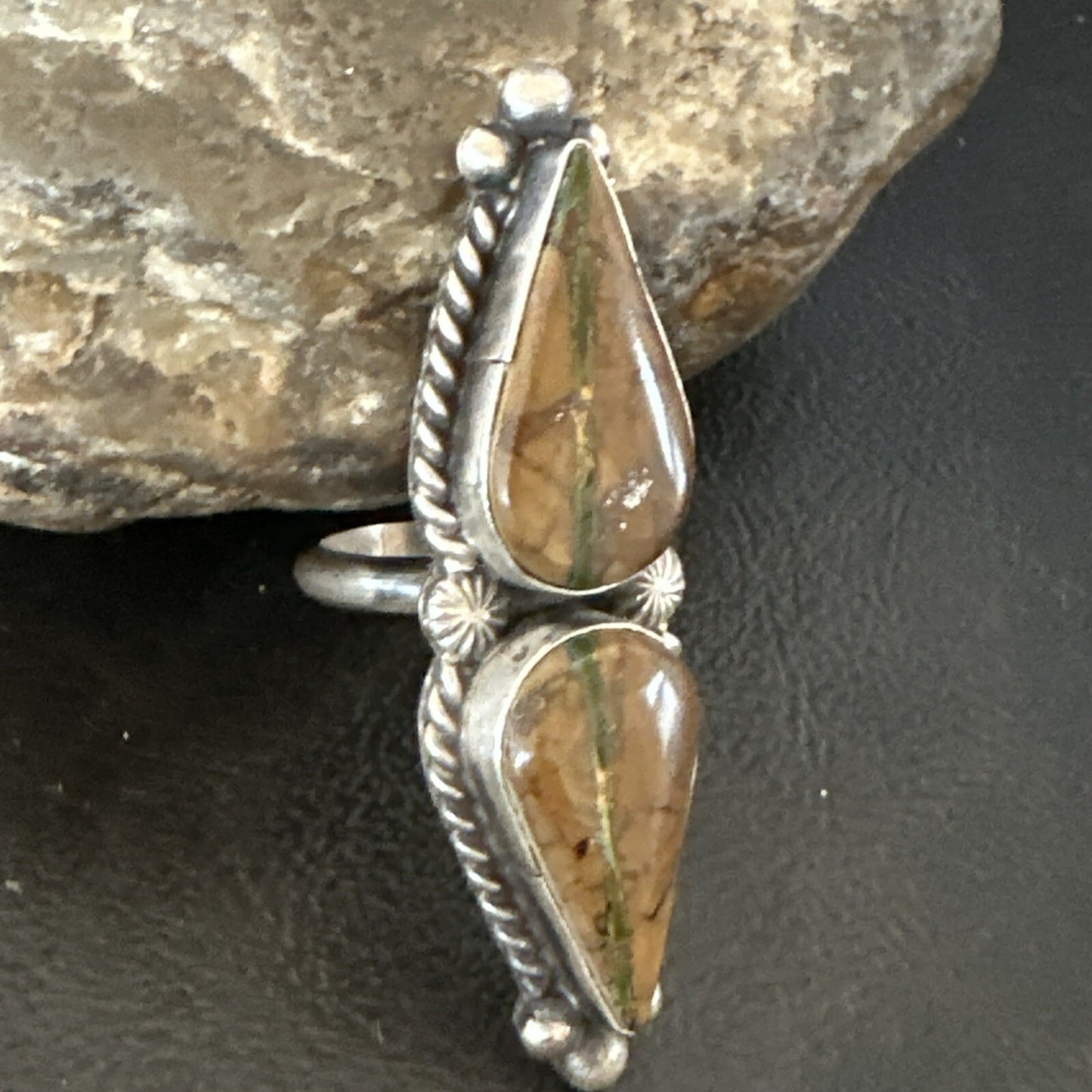 Navajo Sterling Silver Ribbon Boulder Turquoise Ring Size 7.5 18613