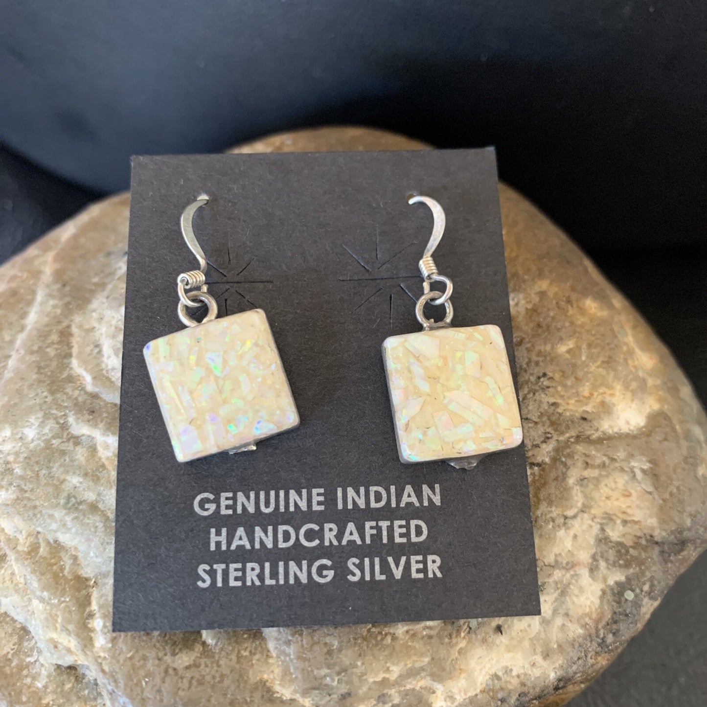 Womens White Opal Inlay Navajo Sterling Silver Dangle Drop Earrings 12768