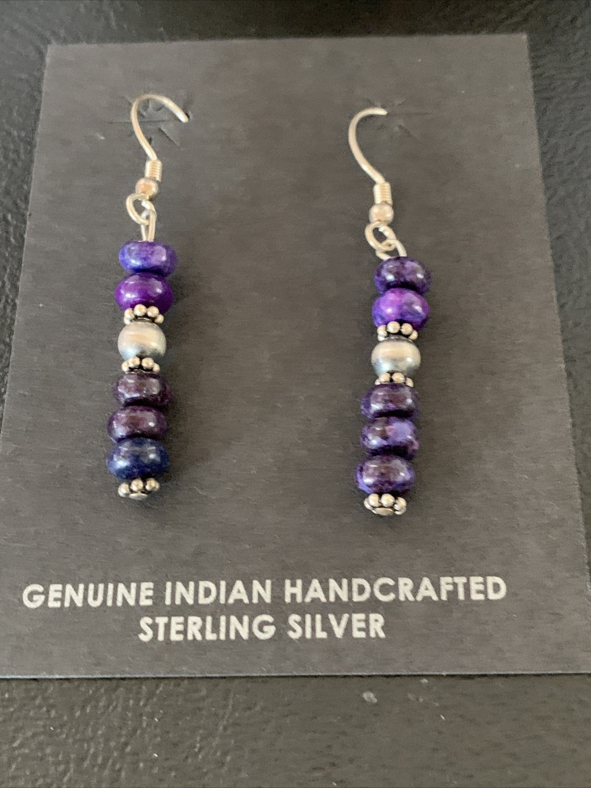Purple Stone Navajo Sterling Silver Dangle Bead Earrings 1" 15353