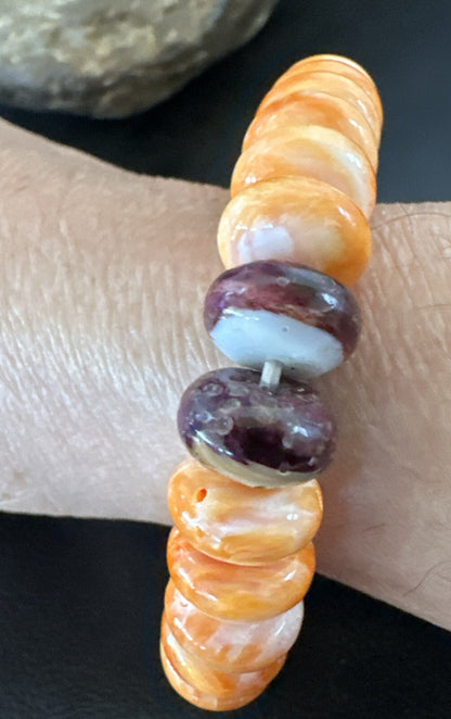 Mens Womens Orange Purple Spiny Oyster Sterling Silver Stretch Bracelet 9" 18859