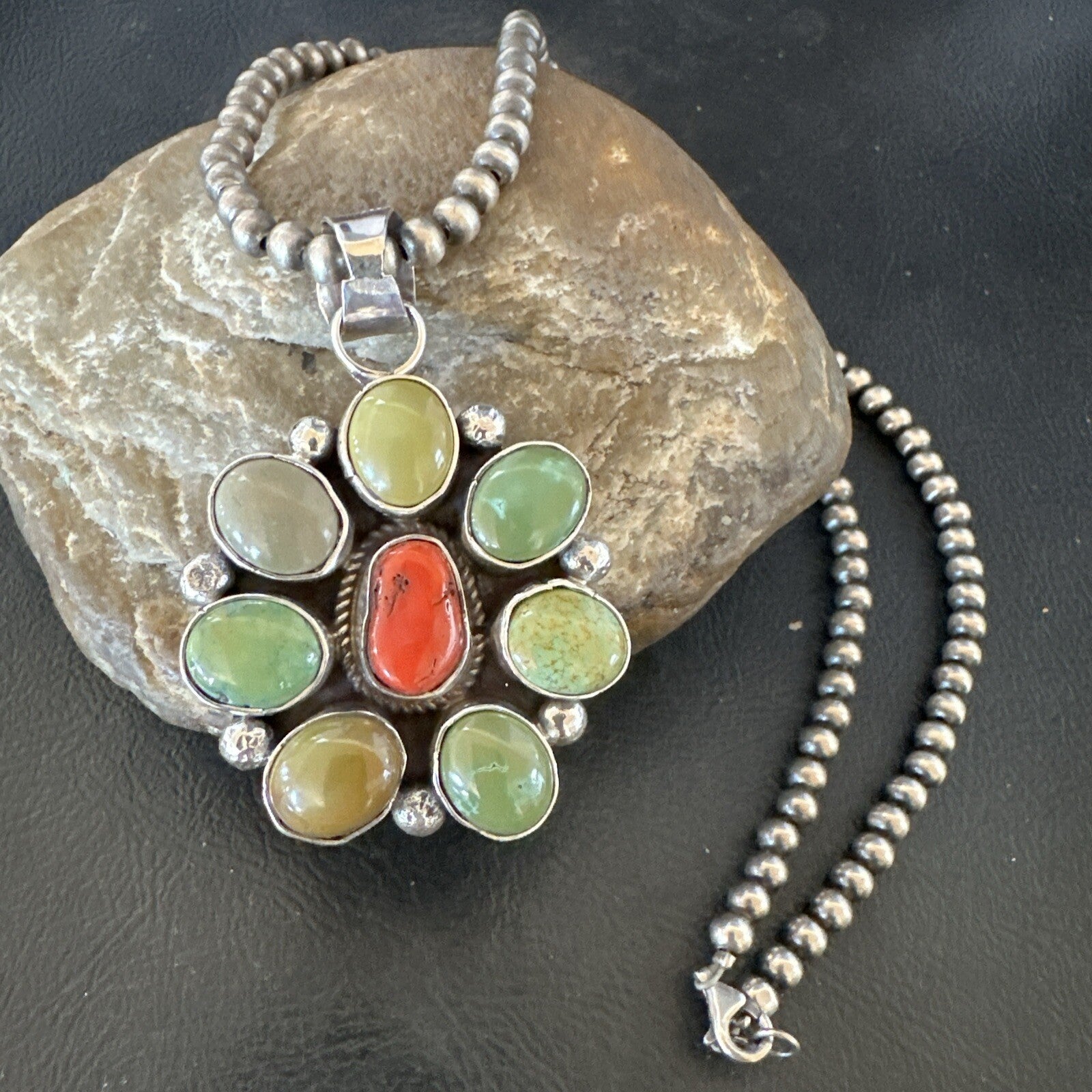 Navajo Sterling Cluster Red Turquoise Pendant Necklace 17712