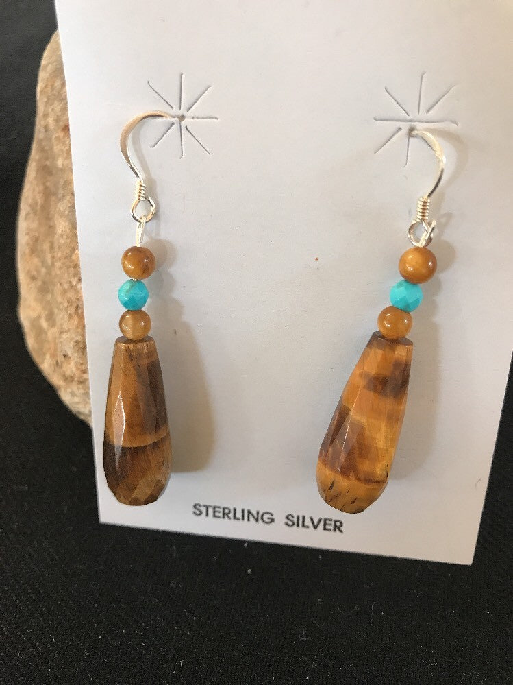 Tiger's Eyes Turquoise Faceted Navajo Sterling Silver Dangle Earrings 01995