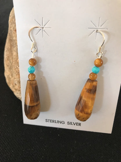 Tiger's Eyes Turquoise Faceted Navajo Sterling Silver Dangle Earrings 01995