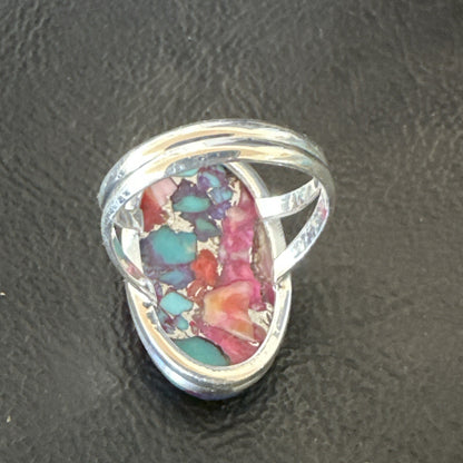Blue Turquoise Spiny Oyster Southwestern Sterling Silver Ring Size 8 18482
