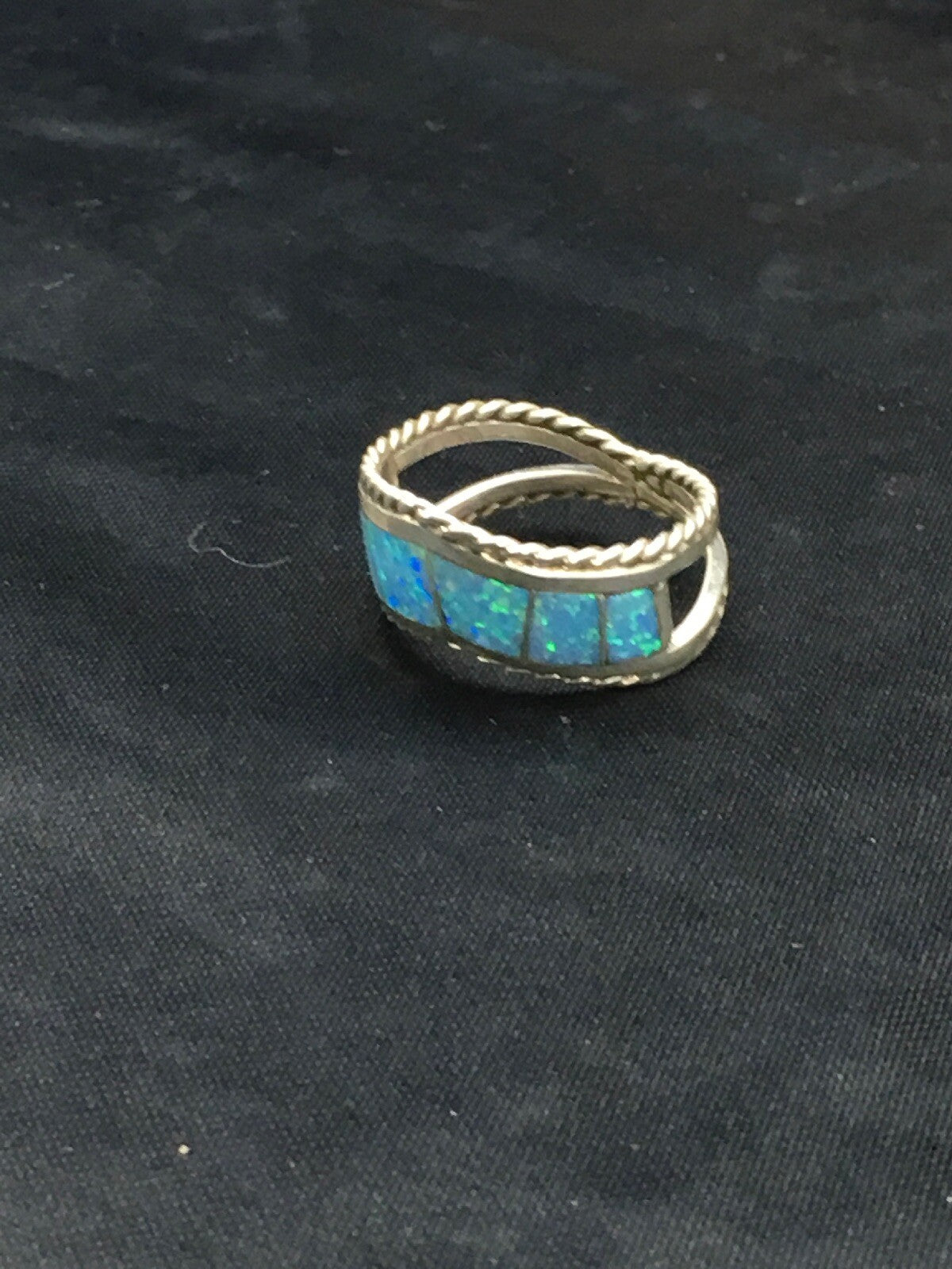 Native American Navajo Sterling Silver Blue Opal Inlay Ring Set7.75 02785