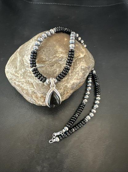 Mens Womens Black Onyx Pendant Navajo Sterling Silver Beads Necklace 18333