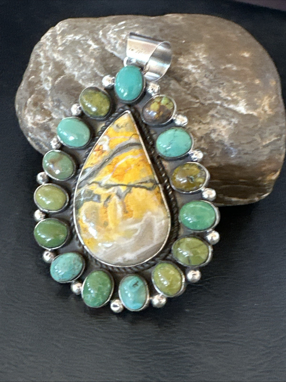 Navajo Bumblebee Jasper Green Turquoise Sterling Silver Necklace Pendant 19441